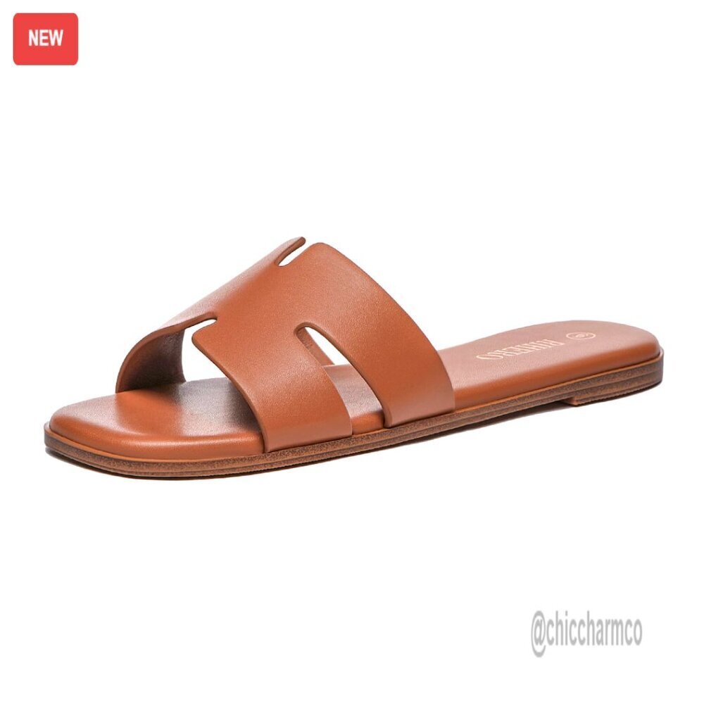 Leather Slide Sandals Women's Flat Comfortable Slip On Dressy
